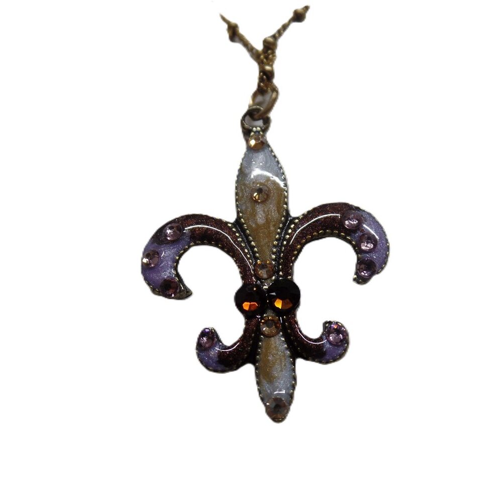 ANNE KOPLIK BROWN AND LAVENDER ENAMEL AND CRYSTAL FLEUR-DE-LIS NECKLACE! NWT!